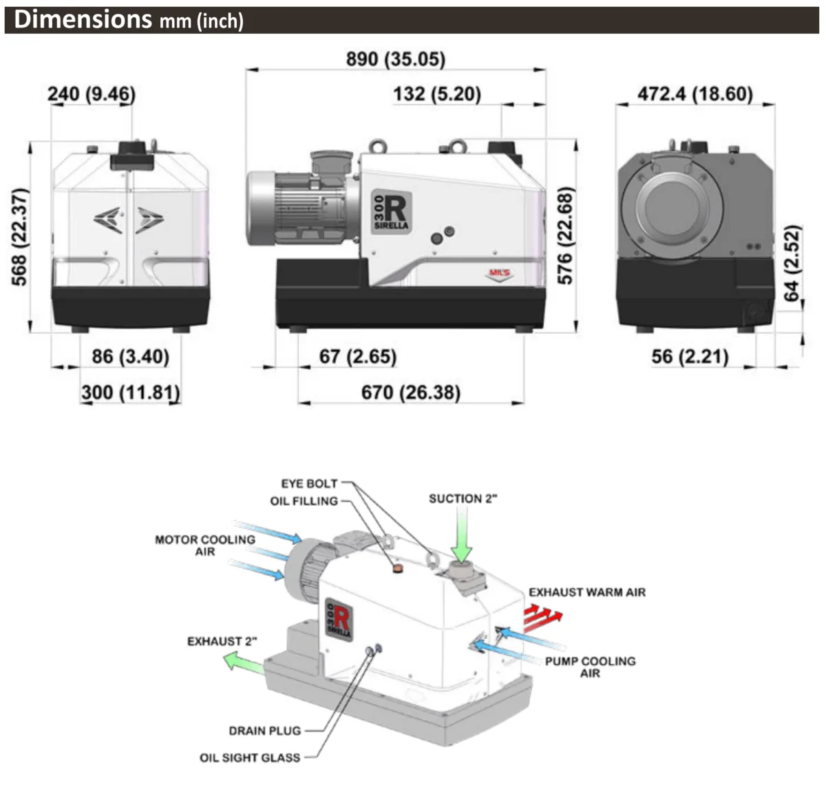 MIL’S SIRELLA SL300.R dimension drawing and labelled suction, exhaust, cooling and oil service points