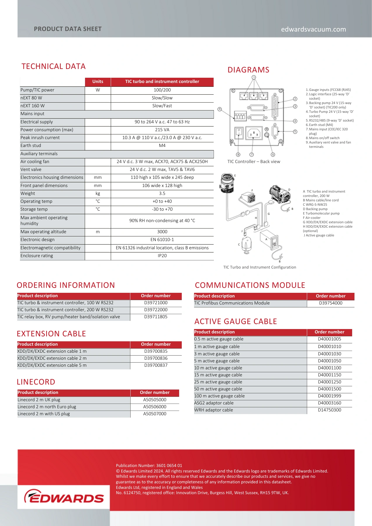 Edwards TIC Turbo and Instrument Controller — manufacturer technical and dimensional reference