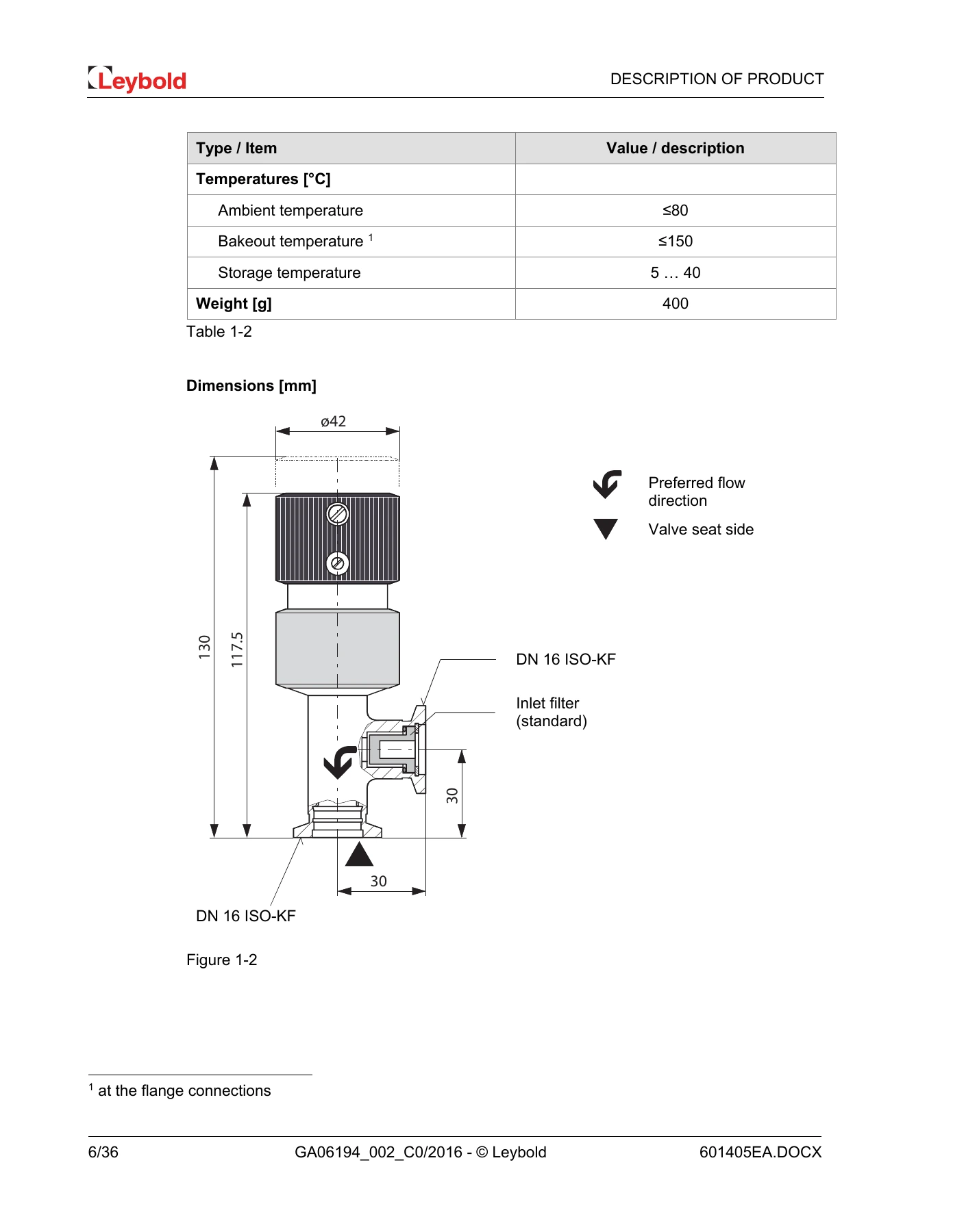 Leybold LEYCON EV 016 DOS AB dosing valve — manufacturer technical and dimensional reference
